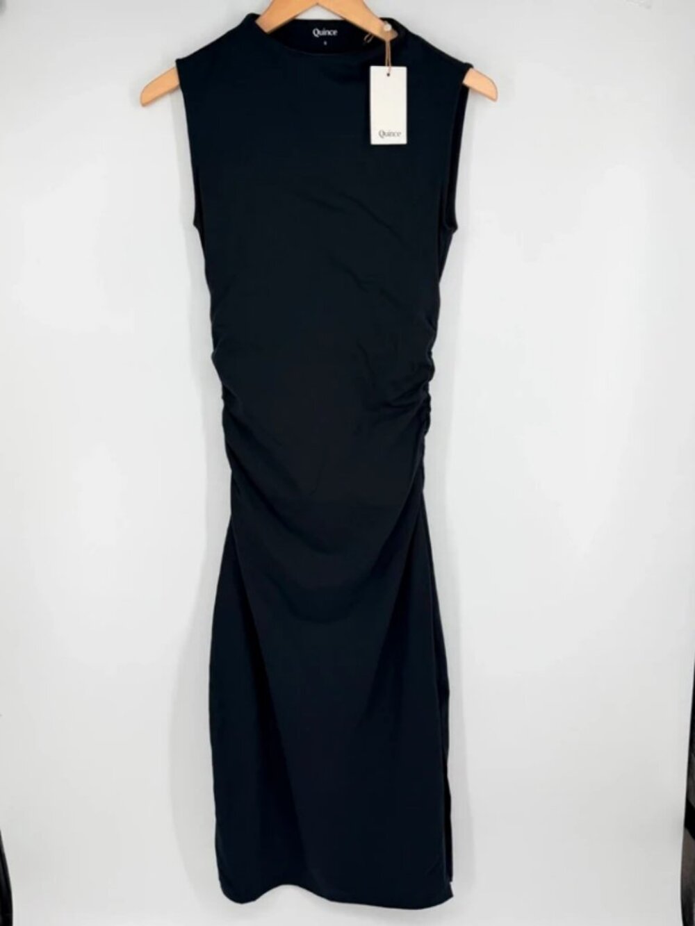 Quince Stretch Cotton Jersey Mock Neck Midi Dress Women S Black Ruched Chic